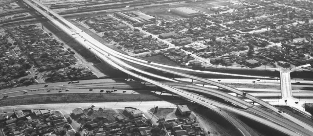 "Santa Ana Freeway and Long Beach Freeway interchange, looking southwest, 1956 (Kelly-Holiday Mid-Century Aerial Collection/Los Angeles Public Library)"